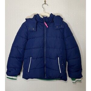 Mini Boden Kids Sherpa Lined Hooded Navy Puffer Jacket Size 9-10Y Warm Cozy Coat